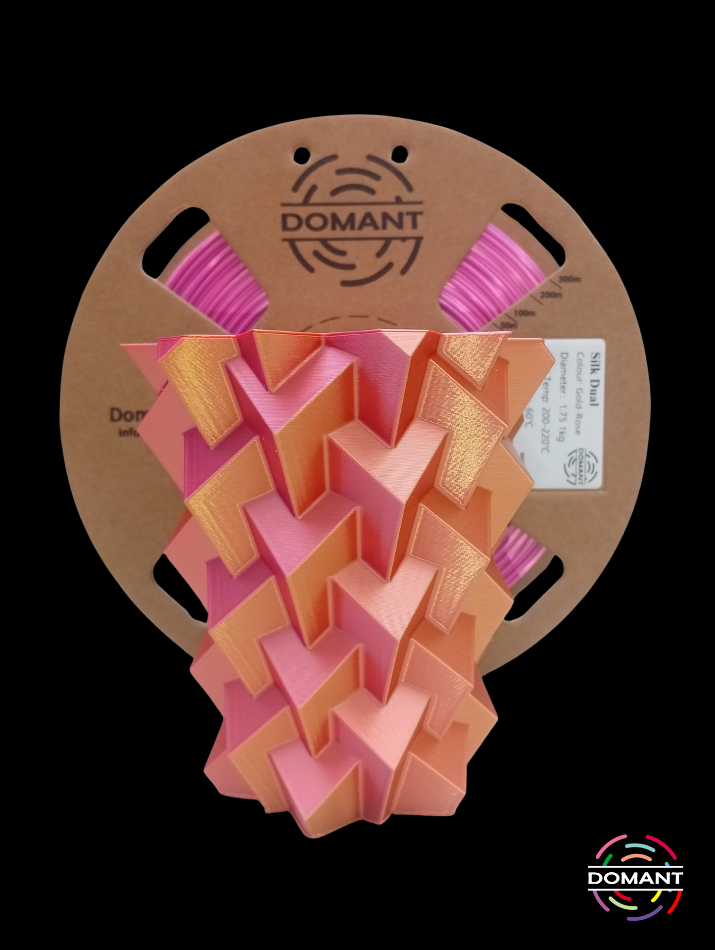 PLA Seda Dualcolor Dorado/Rosa | Filamento 3D Bicolor Efecto Seda 1.75mm 1kg DOMANT