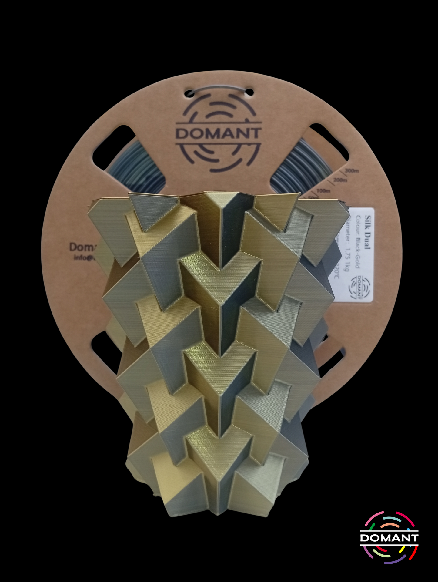 PLA Seda Dualcolor Dorado/Negro | Filamento 3D Bicolor Efecto Seda 1.75mm 1kg DOMANT